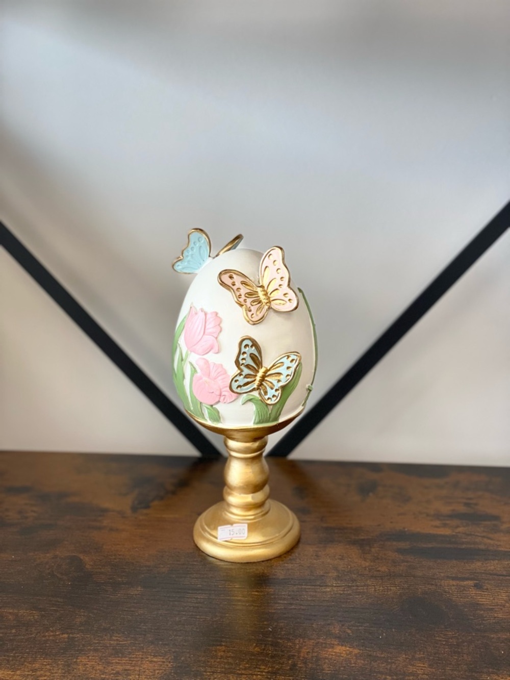 Decorative Butterfly Egg on Gold Pedestal - Cream and Pastel
